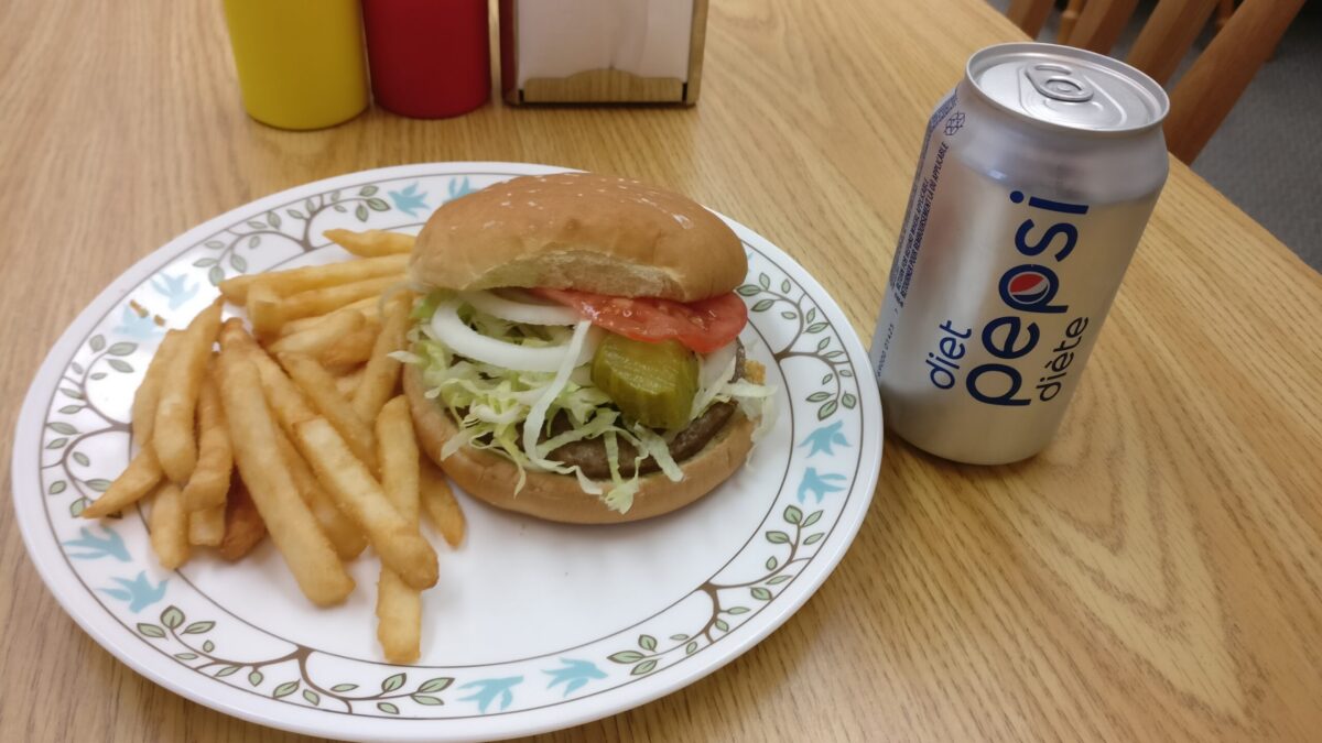 burger, pop, fries